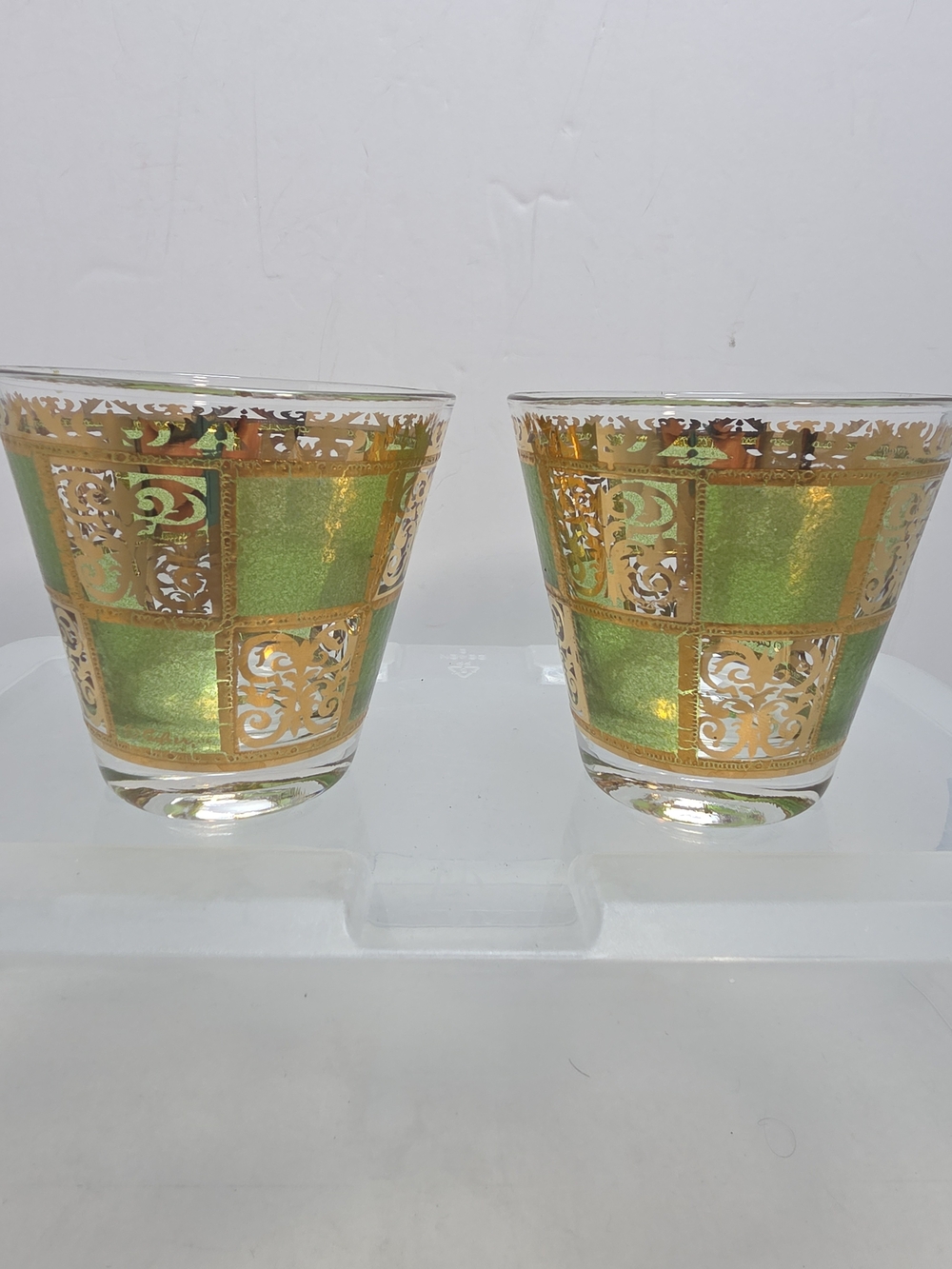 Vintage Culver Prado Green 22K Gold Rocks Glasses Set of 2 MCM